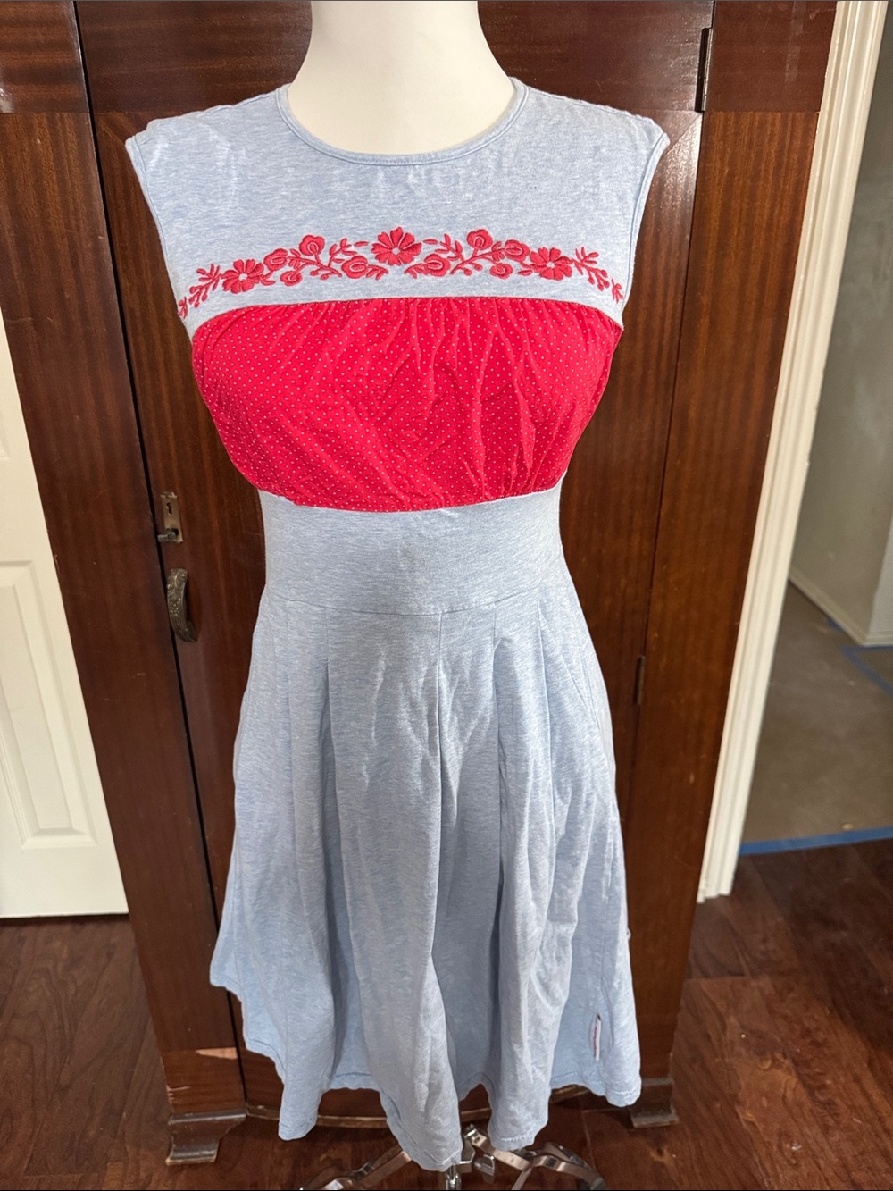 Mid Cloth Light Blue Sundress with Red Embroidered Bust